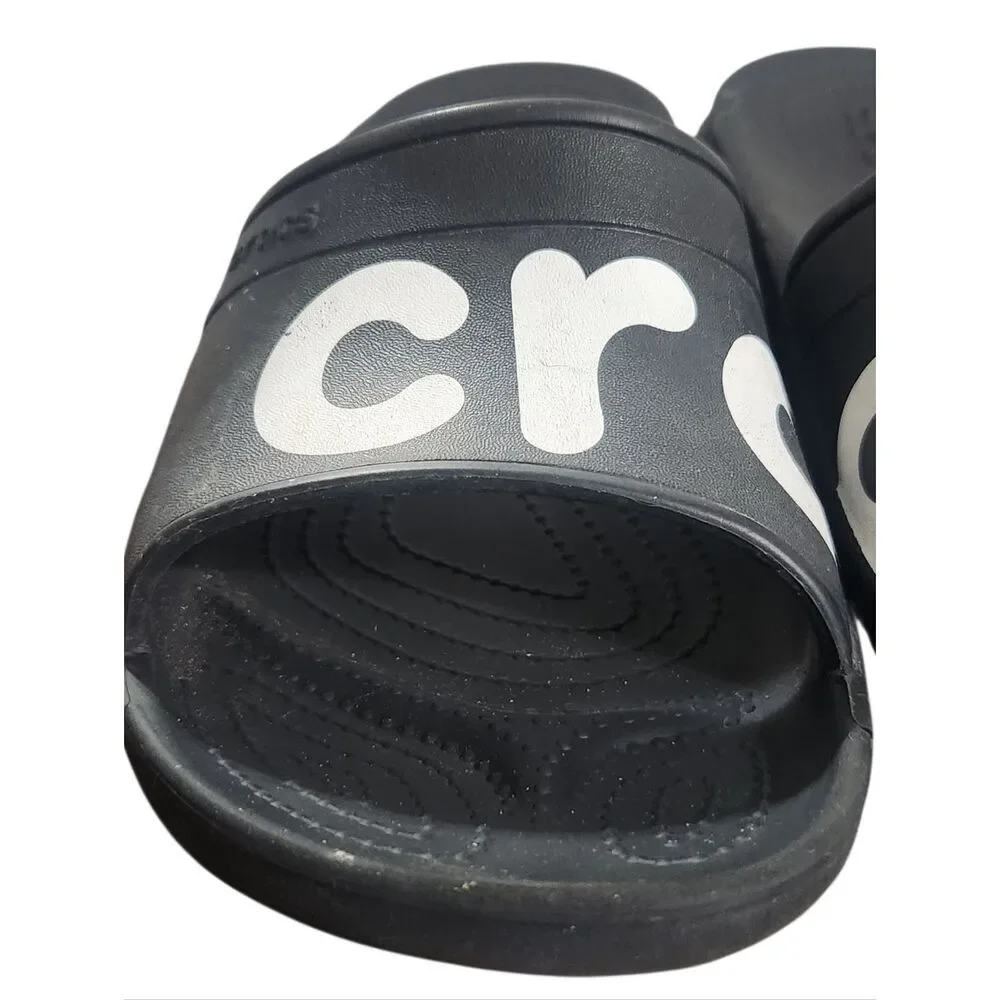 Crocs Black Slides Iconic Classic Sandals Graphic Spell Out Mens 11 Black Unisex
